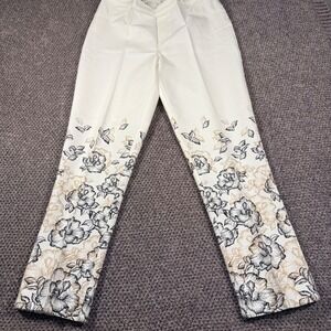 Isaac Mizrahi Live Floral Print Pants 12 White Straight Leg Pull On Stretch
